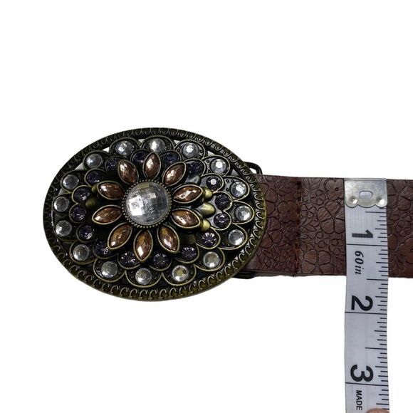 Brown Floral Faux Leather Belt with Ornate Rhinestone Flower Buckle - Picture 9 of 10